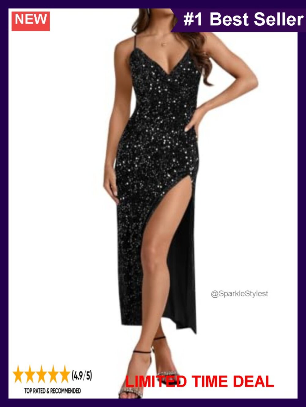 Sequin V-Neck Backless High Slit Maxi Party Dress Spaghetti Strap
